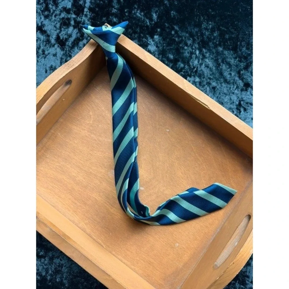 Boys Clip-On Tie Navy Green Repp Stripe 17